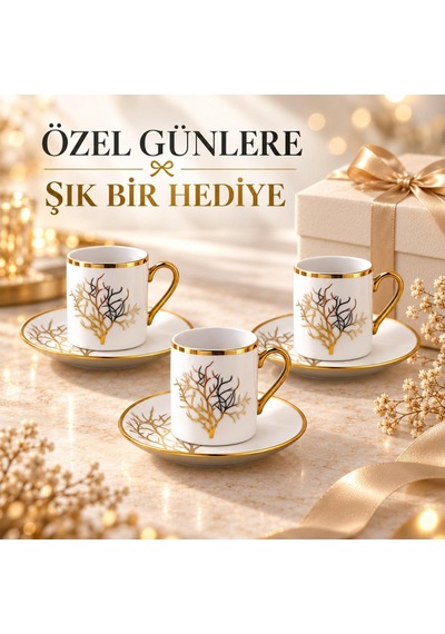 Valkyrie 12 Parça 6 Kişilik 80 Ml Türk Kahvesi Fincan Takımı Gold Detaylı Ağaç Desenli K654-a