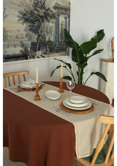 Yakacihome Elora Duck Keten Yıkanabilir Leke Tutmaz Cappuccino Kopenaki Dantel Detaylı Runner 40x140 Cm Krem