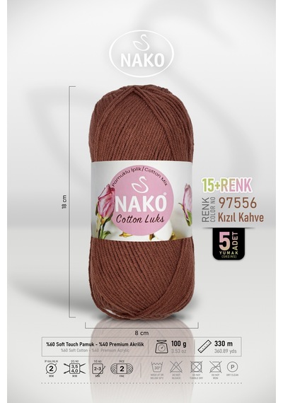 Cotton Lüks - 97556 Kızıl Kahve - 5'li Paket - 100gr/330m - Pamuklu Hırka Yelek Amigurumi İpi