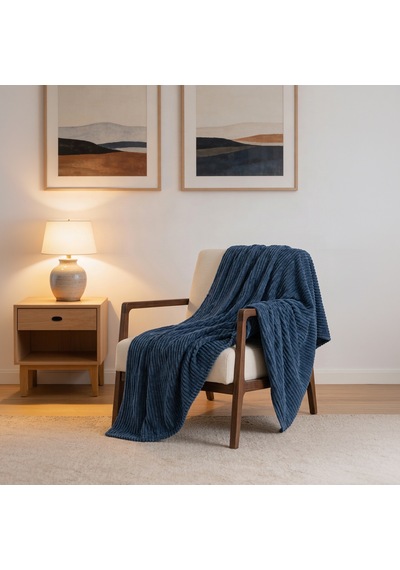 Maxstyle Çizgili Vizon Tek Kişilik Polar Battaniye Lacivert 150x220 Cm Renkli