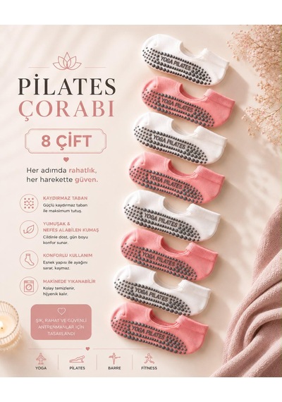 Çorap Vitrini Her Adımda Rahatlık: Kaymaz Tabanlı Pembe Ve Beyaz Pilates Çorabı Seti 8 Çift Beyaz - Pembe