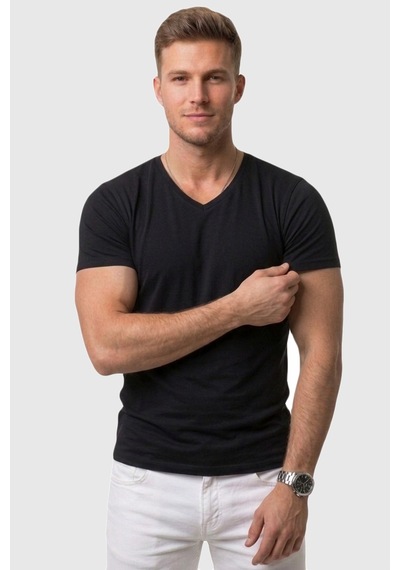 Rizzup Erkek Siyah Slim Fit %90 Pamuk V Yaka Likralı Yumuşak Dokulu Basic Tişört 1801165