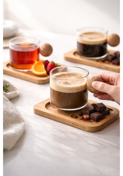 6'lı 12parça Bambu Tabaklı Cam Borosilikat Mantar Kulplu Bardak 150 Ml Cam Çay Ve Kahve Bardağı Şeffat
