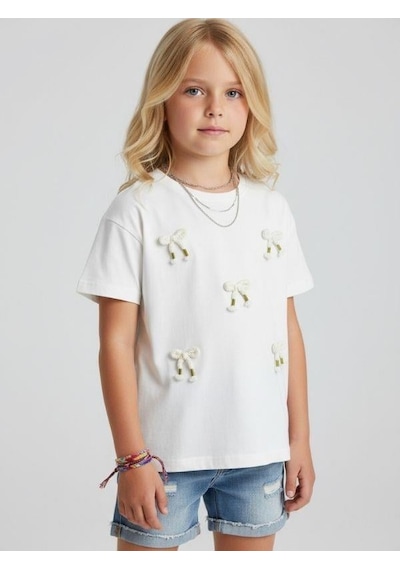 Zekids Kız Çocuk Pamuklu Fiyonk Detaylı T-shirt-16760 Ekru