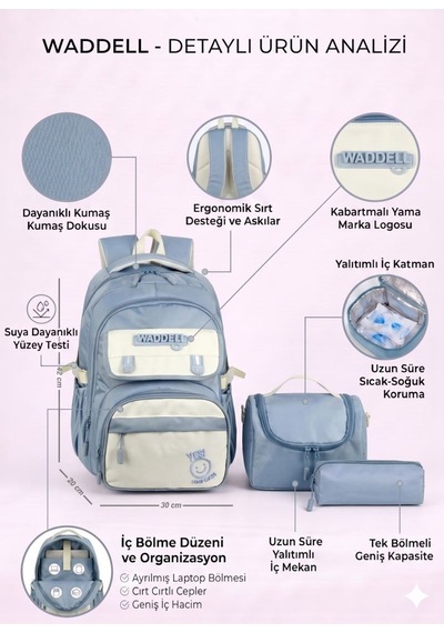 Waddell Lisanslı Twill Modeli 3'lü Set İlkokul Ortaokul Günlük Okul Sırt Çantası Beslenme Kalemlik 26102 Mavi