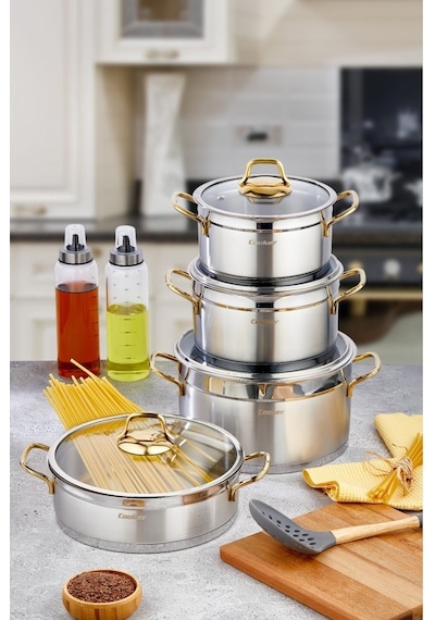 Cooker 8 Parça Paslanmaz Çelik Tencere Seti Çeyiz Seti Inox