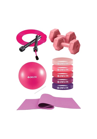 Pilates Egzersiz Seti 6 Mm Mat 5 Li Lateks Direnç Bandı 20 Cm Top Atlama İpi 1 Kg X2 Dambıl Pembe
