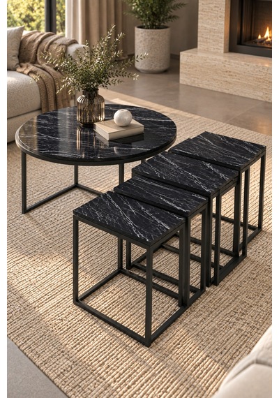 Sulorahome 5'li Sehpa Seti Bendir Siyah Mermer Desenli Metal Ayaklı