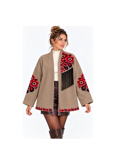 Saade Camel Etnik Çiçek Nakışlı Püsküllü Kimono Ceket