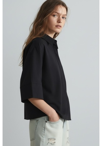 Feg Store Siyah Yarasa Kol Duble Manşetli Modal Oversize Gömlek