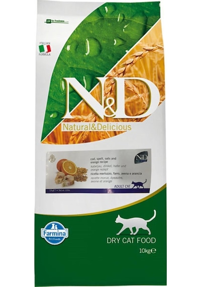 N&D Düşük Tahıllı Morina Balığı ve Portakallı Yetişkin Kedi Maması 10 KG