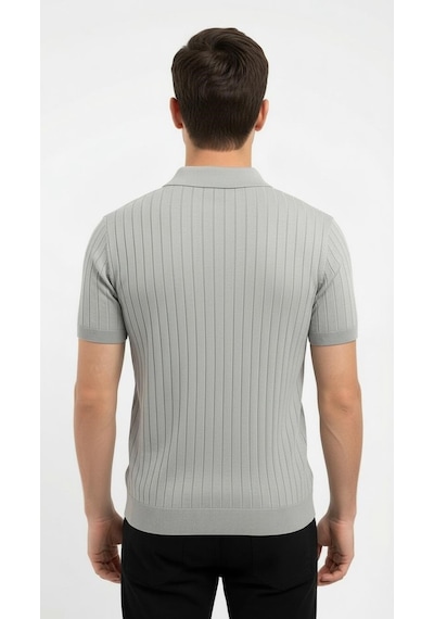 Erkek Polo Yaka Slim Fit Triko Tişört Dikey Çizgili Modern Yazlık Triko Gri