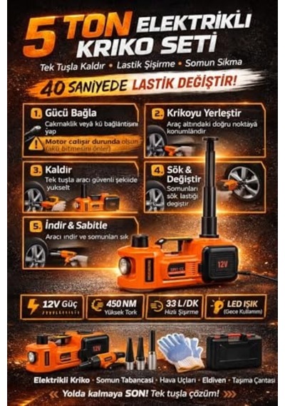 5 Ton Elektrikli Kriko Seti 12v, 3'ü 1 Arada Hidrolik Araç Krikosu Somun Sıkma Tabancası Hava Kompresörü, 450nm To