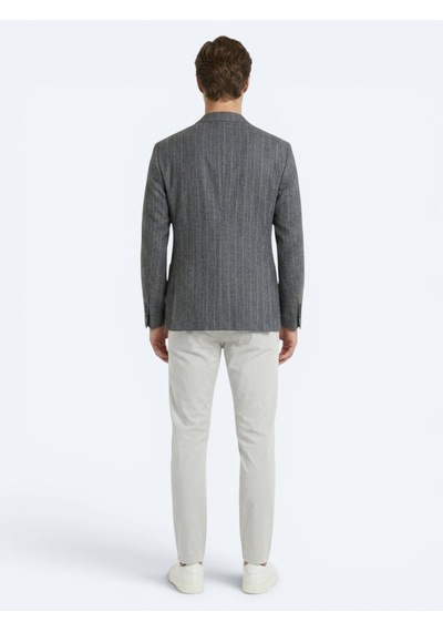 Kip Petrol Çizgili Modern Fit Keten Karışımlı Ceket