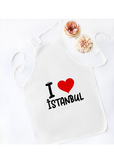 BK Gift I Love İstanbul Tasarımlı Beyaz Mutfak Önlüğü - Model 1