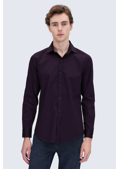 Hatemoğlu Kırmızı Slim Fit Açık İtalyan Yaka 100% Pamuk Uzun Kollu Spor Gömlek