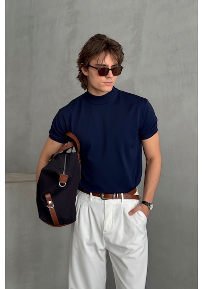 Erkek Oversize Yarım Balıkçı Triko T-shirt Lacivert