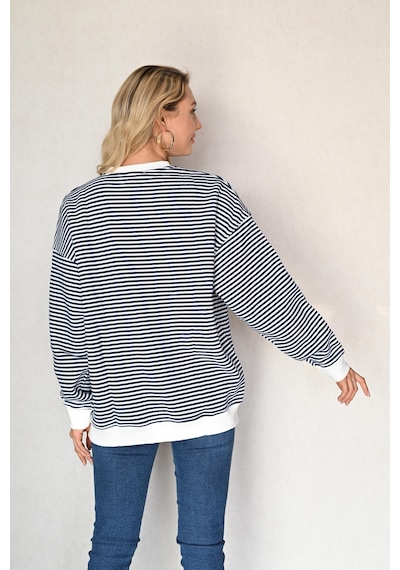 Oversize Çizgili Sweatshirt Lacivert