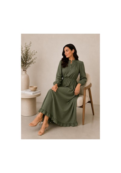 Hira Life Fashion Kadın Çilek Kumaş Ve Önü Düğmeli Eteği Fırfırlı Hakim Yaka Elbise Haki Haki Hira Life Fashion Kadın Çilek Kumaş Ve Önü Düğmeli Eteği Fırfırlı Hakim Yaka Elbise Haki Haki
