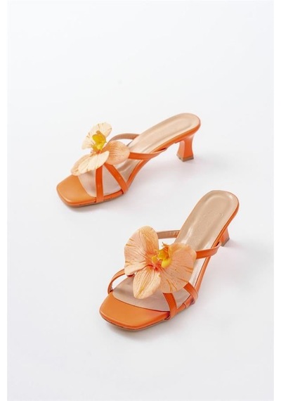 Alemdarshop S-622 Orange Orkide Detaylı İnce Topuklu Kadın Terlik Turuncu