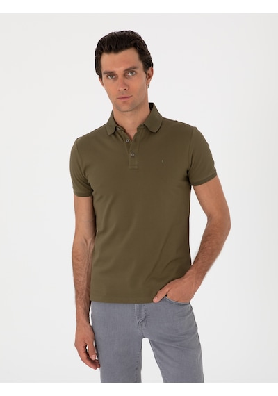 Haki Slim Fit %100 Pamuk Polo Yaka T-shirt Yeşil