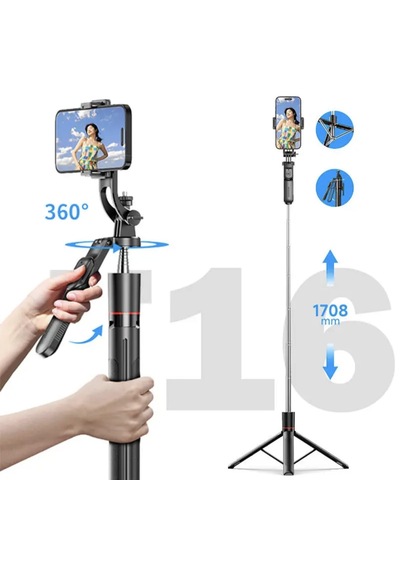 F16 Selfie Çubuğu Işıklı Tripod Bluetooth Uzaktan Kumandalı 360' Dönebilen Çok Amaçlı Tripod Siyah