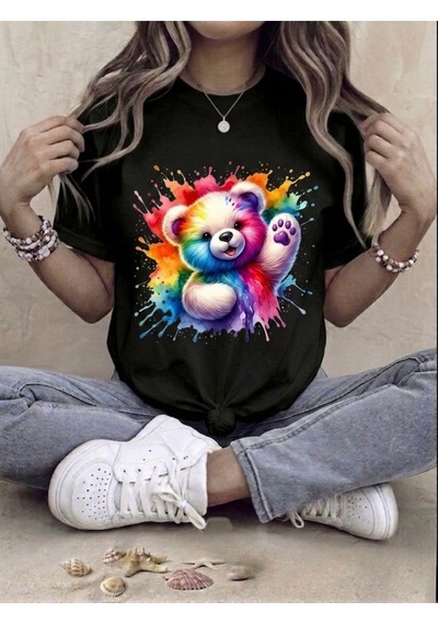 Sulu Boya Efektli Teddy Bear Baskılı Kompak T-shirt Siyah
