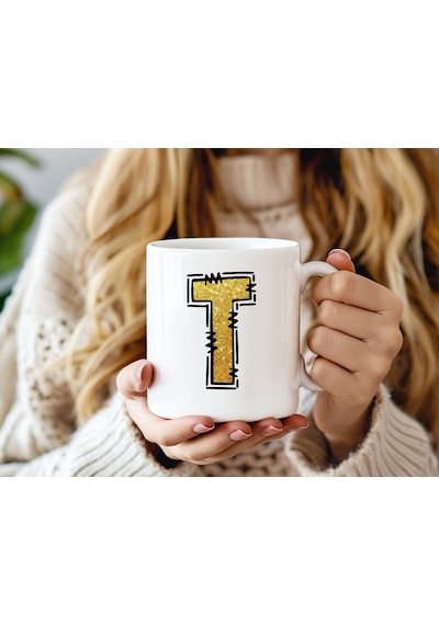 T Harfi Gold Simli Kupa Işıltılı Alfabe Harf Tasarımlı Kahve Kupası - Kişiye Özel Hediye Beyaz