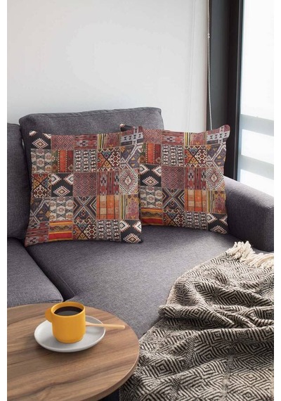 Turuncu Patchwork Çift Taraflı Yastık Kırlent Kılıfı Krl168n11