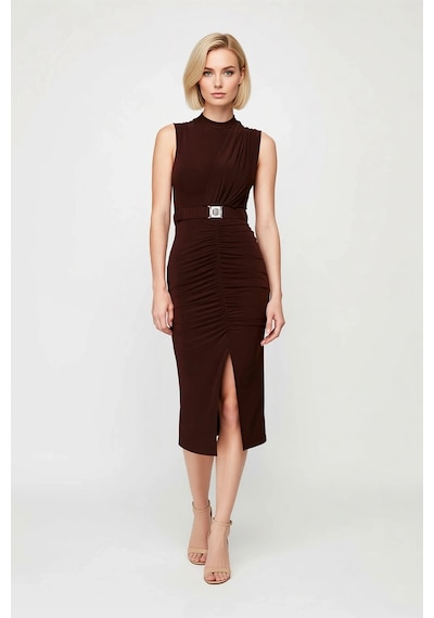 Benerly Kadın Kolsuz Dik Yaka Drape Detaylı Kemerli Midi Bodycon Esnek Ör Koyu Kahverengi