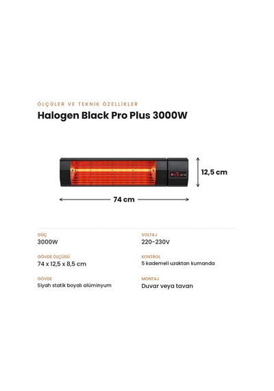 Halogen Black Pro Plus 3000w Elektrikli Halojen Infrared Dış Mekan Isıtıcı, 5 Kademeli Uzaktan Kumandalı, Siyah Al