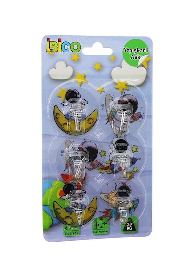 İbico İ17-004 Astronot Resimli Metal Uçlu Şeffaf Pvc Yapışkanlı Askı 2kg Taşıma Kapasiteli 6 Adet- 12'li Paket