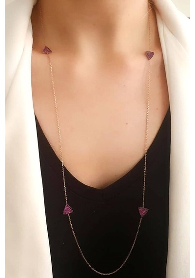 Pembe Zirkon Taşlı Gümüş Rose Uzun Zincir Kolye (464307823)