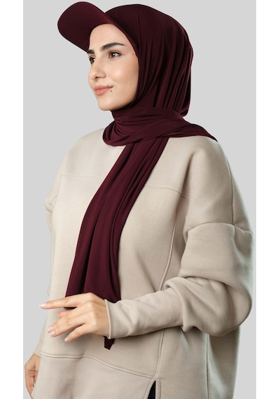 Hürrem Bone Bordo Pratik Hazır Geçmeli Şapkalı Tesettür Şal Sandy Düz 3008 16