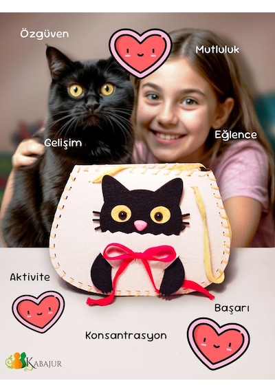 Çocuklar İçin Keçe Çanta Dikiş Seti Siyah Kedi Tasarımlı Çocuk Hobi Kiti