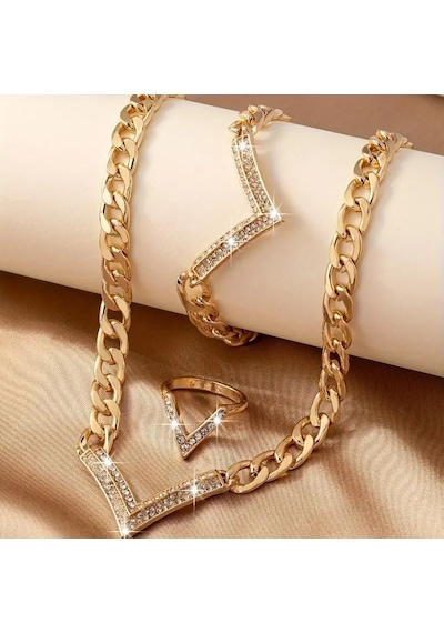 Trend Zirkon Taş İşlemeli Tam Takı Seti, Kolye, Bileklik, Yüzük Altın Kaplama 18 Gp, Ahşap Gold