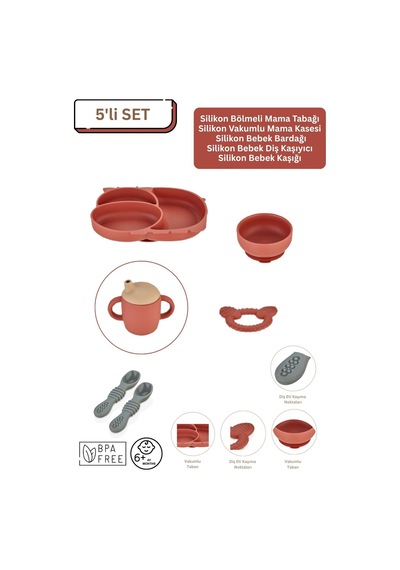 5'li Silikon Set / Bölmeli Mama Tabağı / Kase / Bardak / Diş Kaşıyıcı / Mama Kaşığı - Kiremit Rengi Kiremit