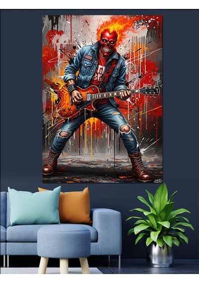 Elektrogitar Çalan Kırmızı Maskeli Rock Müzisyeni Dekoratif Kanvas - Mdf Ahşap Tablo