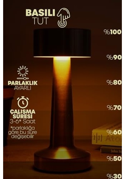 Şarjlı Dokunmatik Masa Lambası Metal 3 Işık Parlaklık Ayarlı Gece Masa Üstü Lamba Bakır A3 Diğer