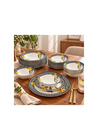 24 Parça 6 Kişilik Çiçek Desenli Porselen Yemek Takımı Servis, Yemek, Pasta Tabağı Ve Kase Seti Beyaz