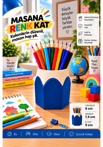 Kalemlik Renkli Kurşun Kalem Tasarımlı, 3d Baskı Mavi