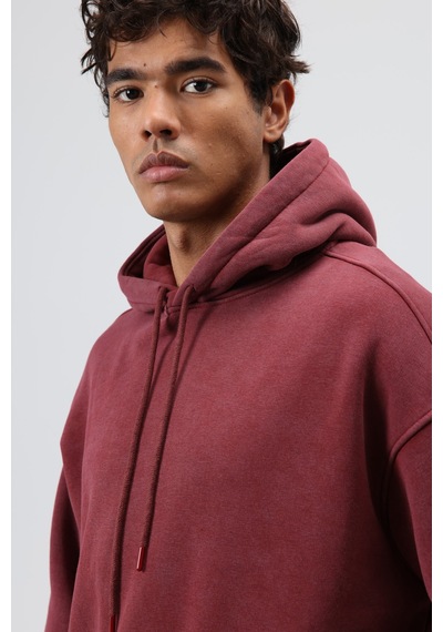 Vamos Basic Oversize Yıkamalı Hoodie Bordo