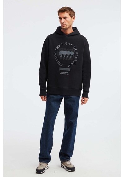 Grımelange Olympos Erkek %100 Organik Pamuk 3 Iplik Oversize Baskılı Kapüşonlu Kordonlu Siyah Sweatshirt