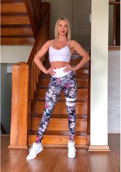 Lismina Bacağı Ve Beli Beyaz Şeritli Çiçek Desenli Spor Tayt Lila