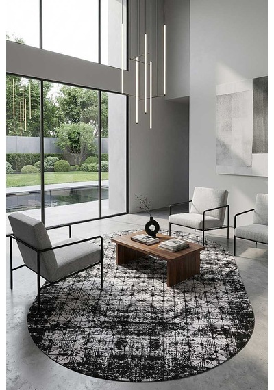 Parlak Saten Dokulu Poem Bambu Tuşe Modern Trend Oval Halı Pm06 Siyah Siyah-antrasit