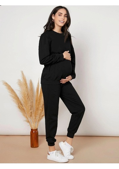 Basic Düz Eşofman Takımı Sweatshirt Jogger - Siyah Oversize Şardonlu Bisiklet Yaka Siyah
