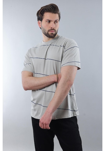 Madmext Boyalı Gri Bisiklet Yaka Basic Çizgili Erkek T-shirt E7102 Boyalı Gri