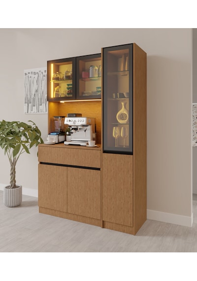 Bambu Midi Sağ Vitrinli Komple Mdf Led Aydınlatmalı Kahve Köşesi