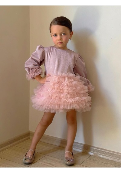 Linola Baby Kids Lucky Tütü Etekli Uzun Kollu Elbise Pudra
