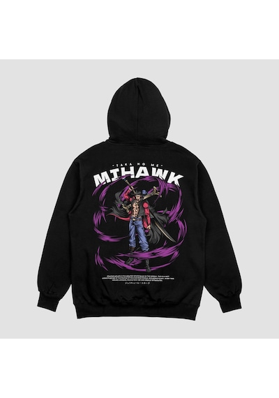 Unisex Siyah Mihawk Baskılı Hoodie Oversize Kapşonlu Sweatshirt Siyah